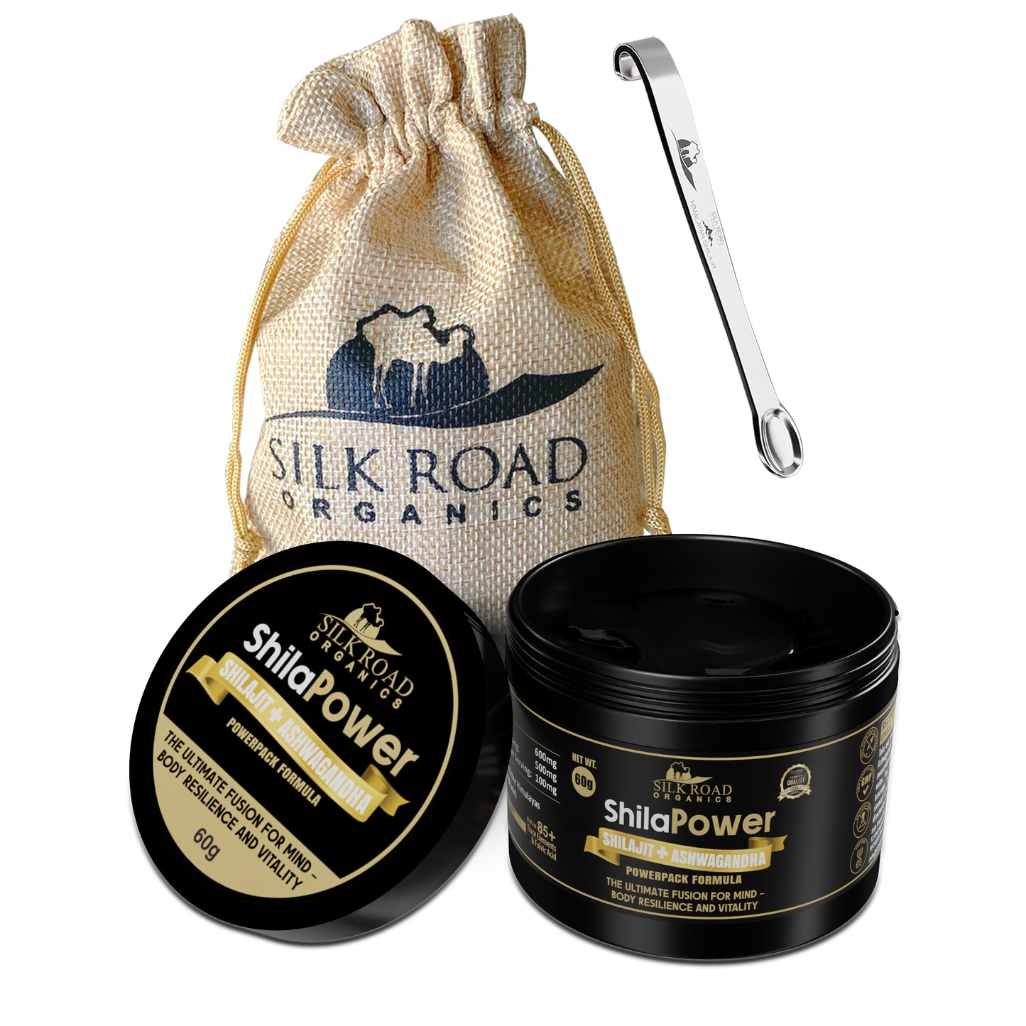 Silk Road Organics Premium ShilaPower Shilajit Resin with Free Hanging Metal Spoon – Pure Himalayan Shilajit with Ashwagandha & 85+ Trace Minerals for Energy & Stamina