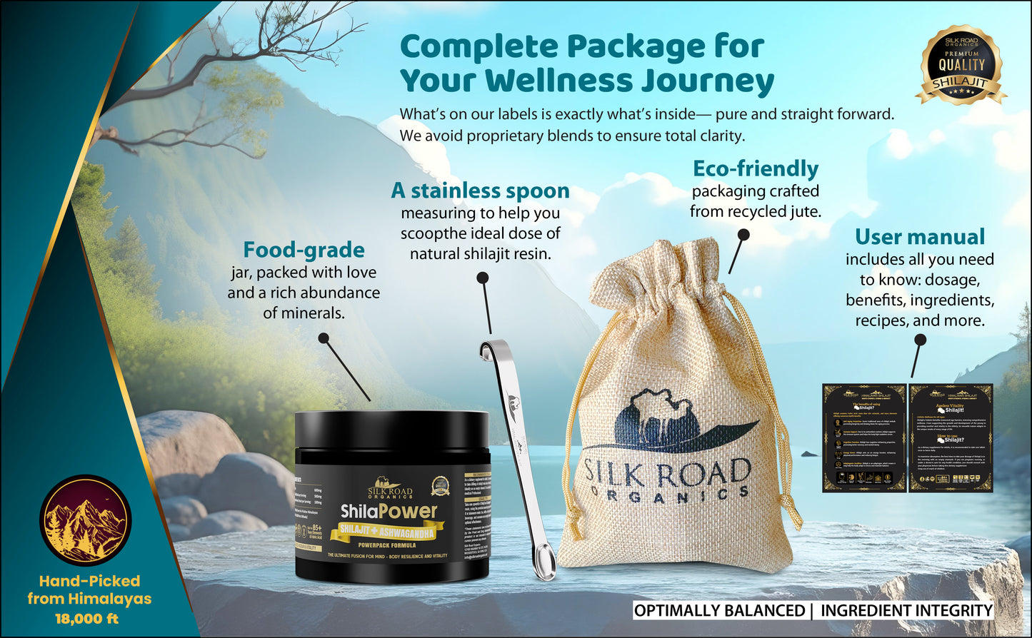 Silk Road Organics Premium ShilaPower Shilajit Resin with Free Hanging Metal Spoon – Pure Himalayan Shilajit with Ashwagandha & 85+ Trace Minerals for Energy & Stamina