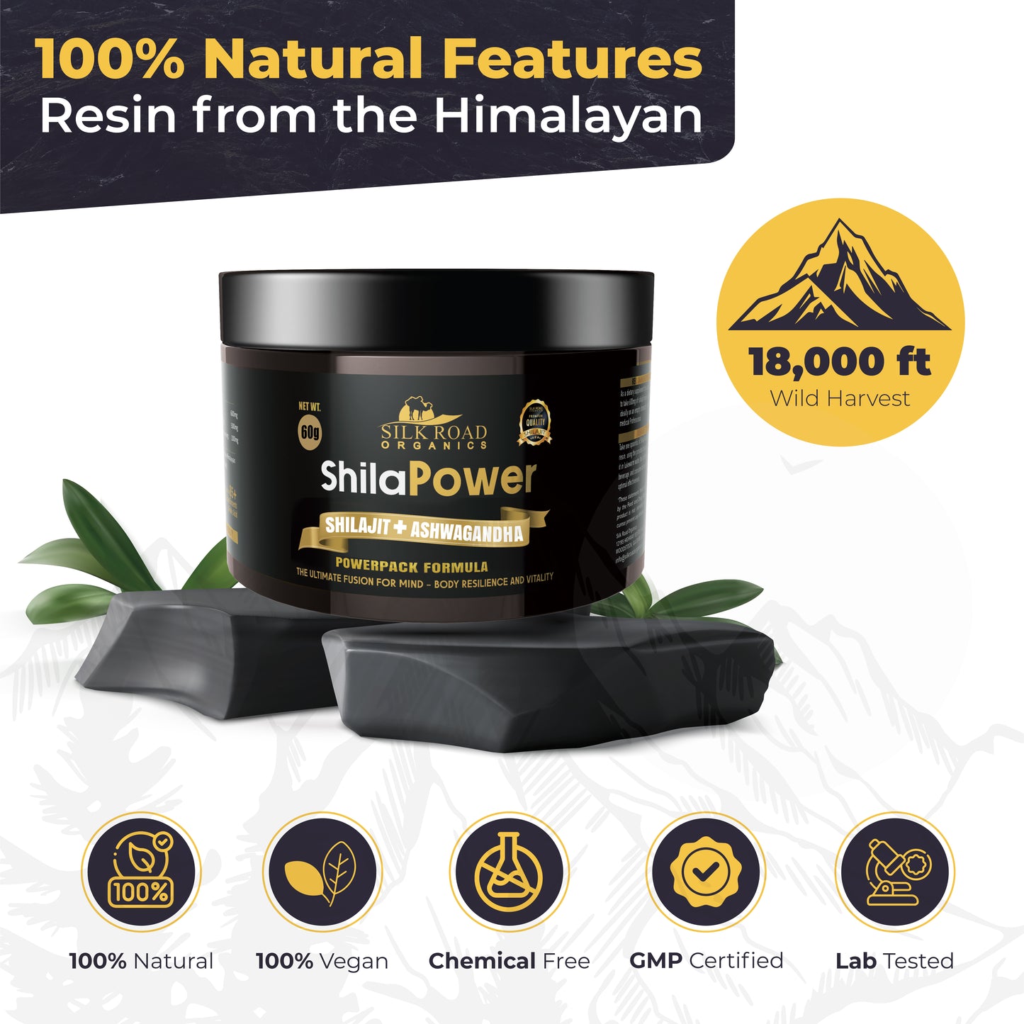 ShilaPower Himalayan Shilajit & Ashwagandha (35g) – Fulvic Acid, 85+ Minerals – Energy, Stress Relief, Focus & Immune Support | Spoon Included