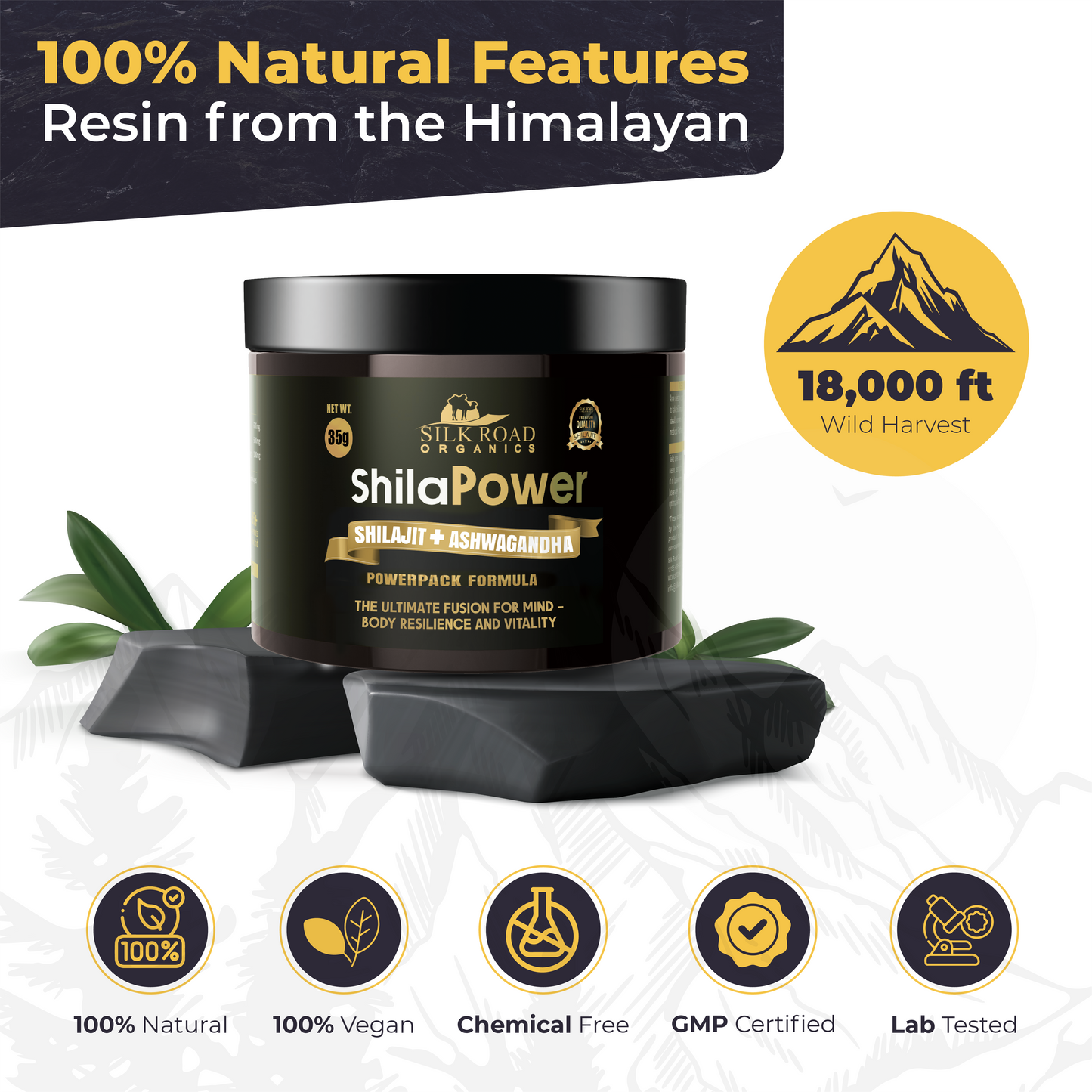 Silk Road Organics Premium ShilaPower Shilajit Resin with Free Hanging Metal Spoon – Pure Himalayan Shilajit with Ashwagandha & 85+ Trace Minerals for Energy & Stamina