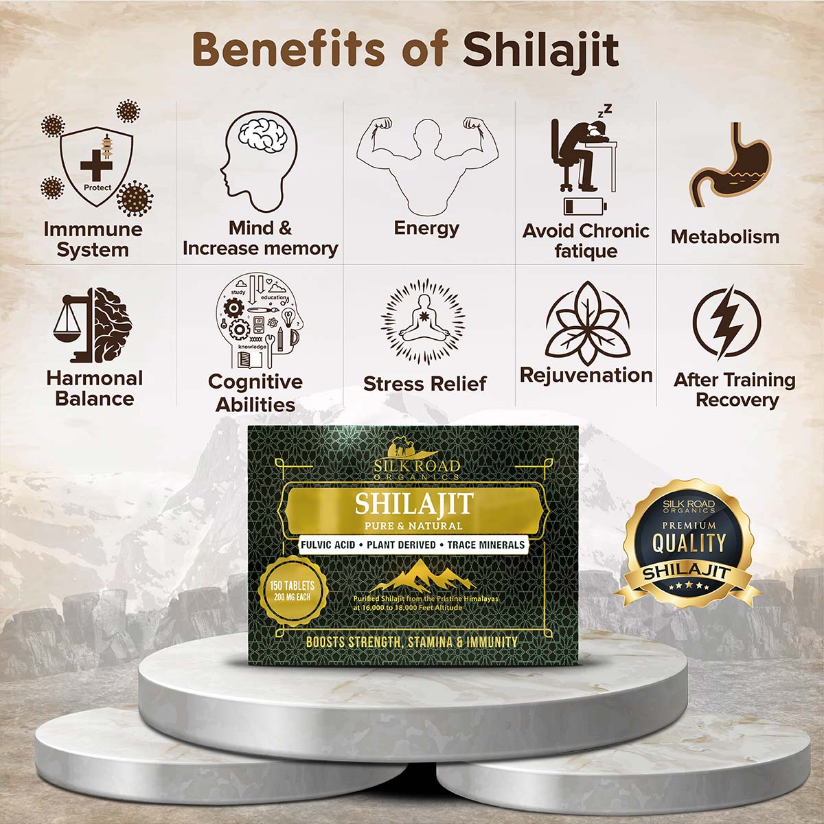 Silk Road Premium 150 Count Pure Shilajit Tablets - Each Tablet Contains 200mg of Plant-Derived Fulvic Minerals, Promoting Metabolism and Strengthening Immune System Support