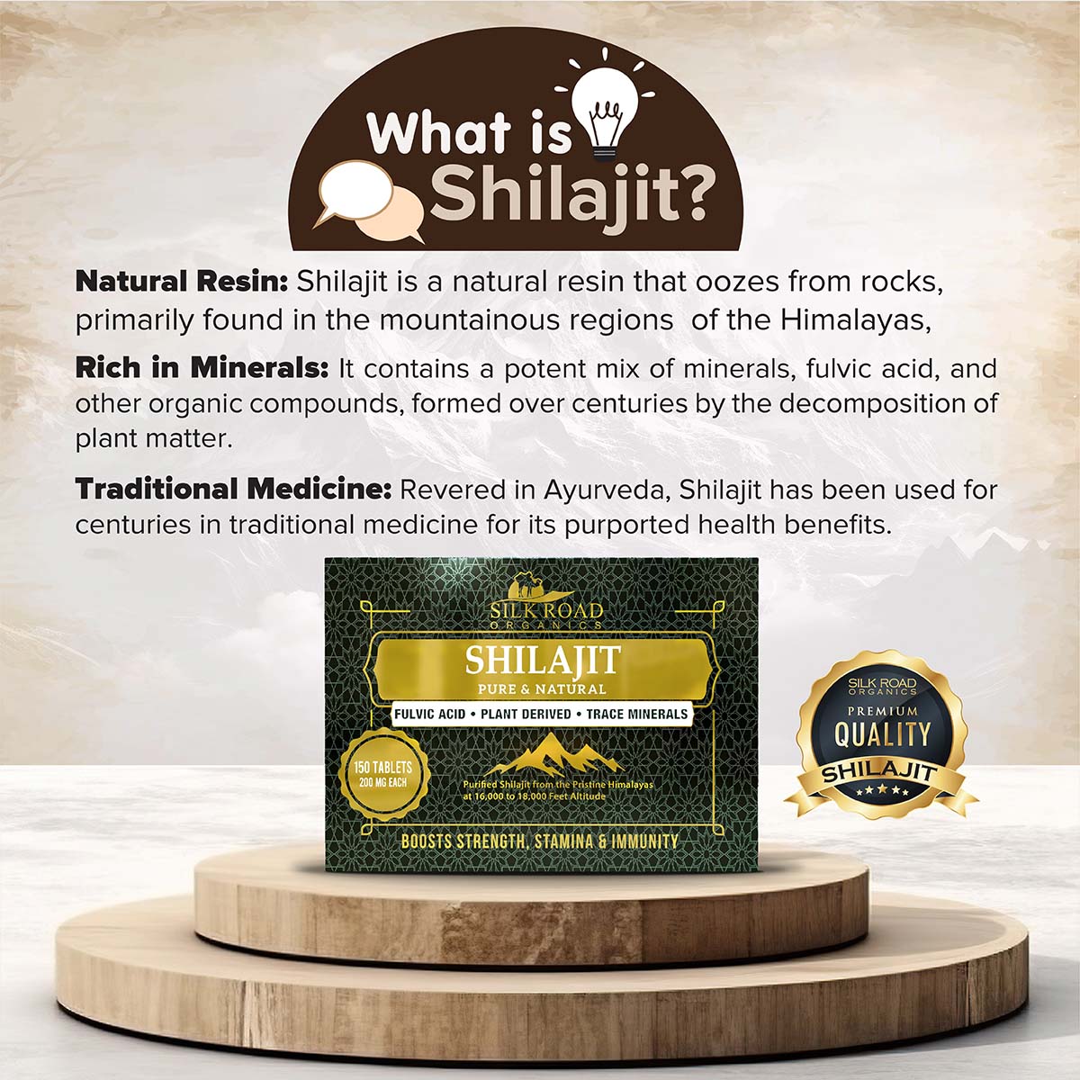 Silk Road Premium 150 Count Pure Shilajit Tablets - Each Tablet Contains 200mg of Plant-Derived Fulvic Minerals, Promoting Metabolism and Strengthening Immune System Support